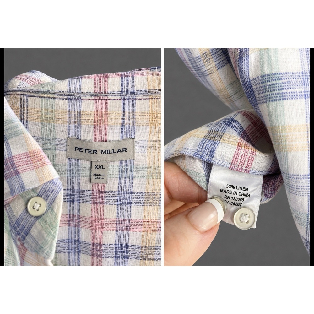 Peter Millar XXL Crown Sport 100% Linen Hammer Mock Plaid Sport Shirt Pastel - Picture 6 of 7